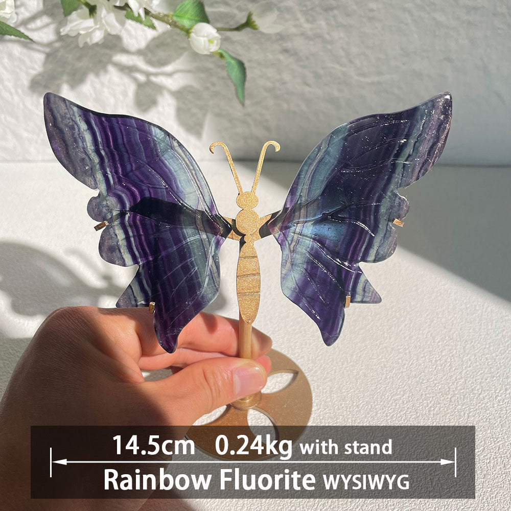 Multicolor Rainbow Fluorite crystal butterfly wings carving with stand - Hand-carved exactly piece shown WYSIWYG