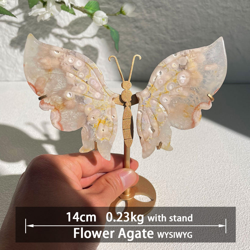 flower Agate crystal butterfly wings carving with stand - Hand-carved exactly piece shown WYSIWYG