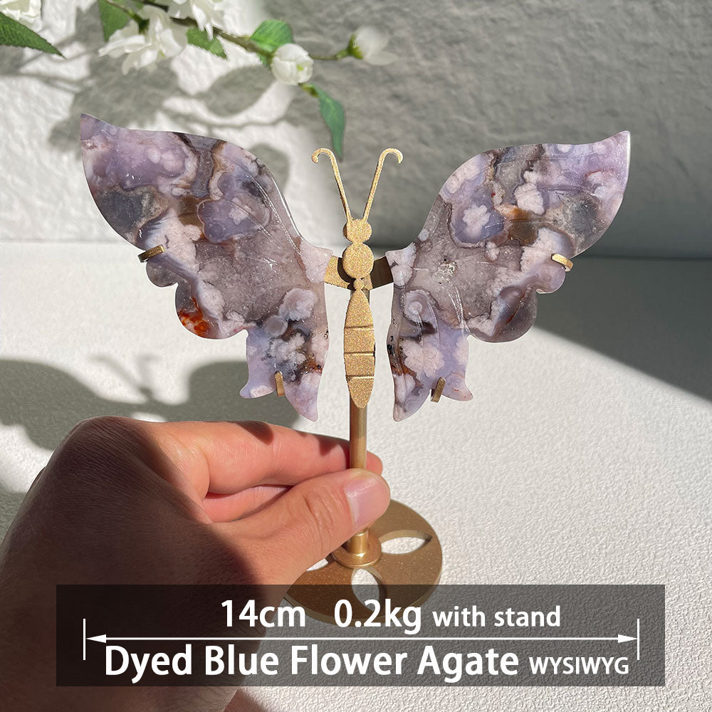 Dyed Blue flower Agate crystal butterfly wings carving with stand - Hand-carved exactly piece shown WYSIWYG