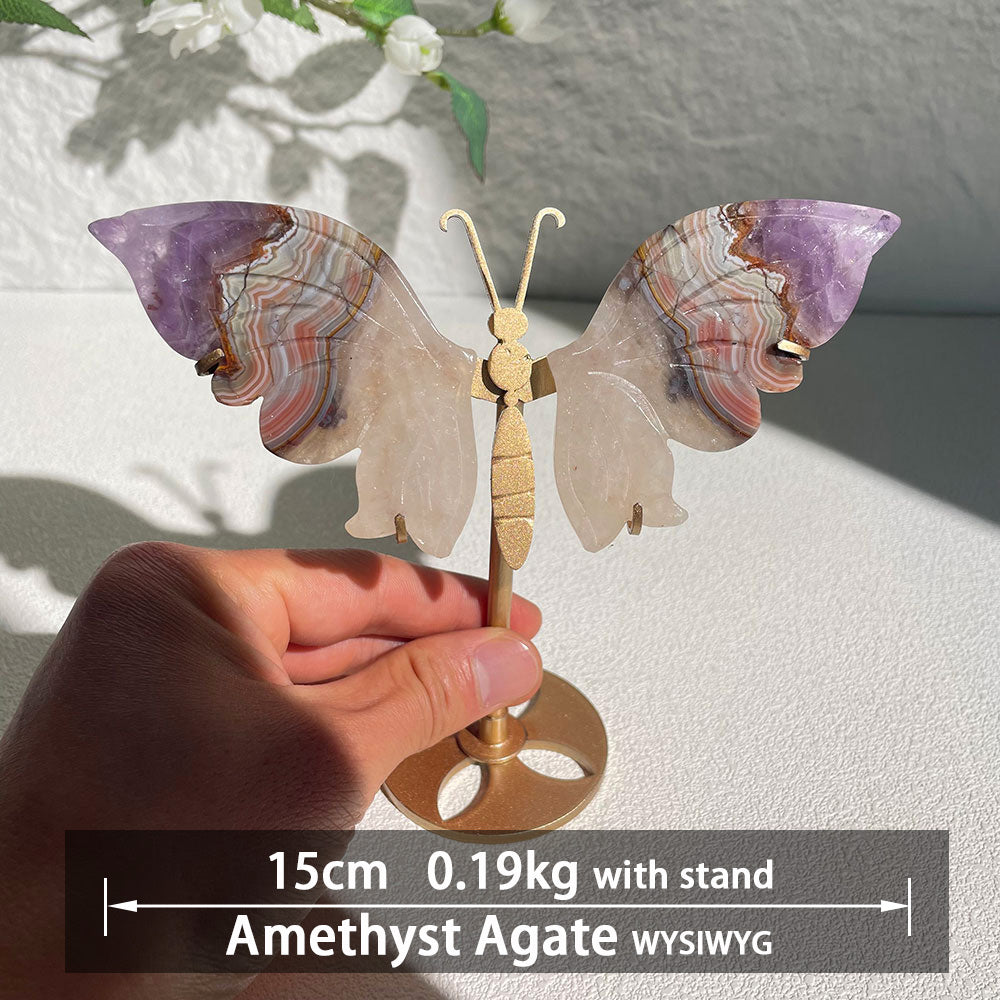 Amethyst Agate crystal butterfly wings carving with stand - Hand-carved exactly piece shown 