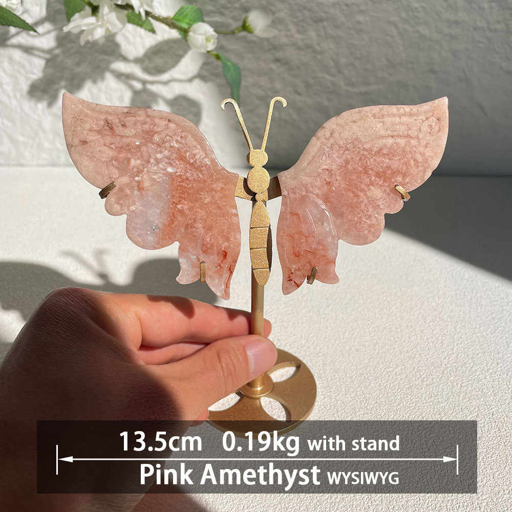 pink amethyst crystal butterfly wings carving with stand - Hand-carved exactly piece shown WYSIWYG