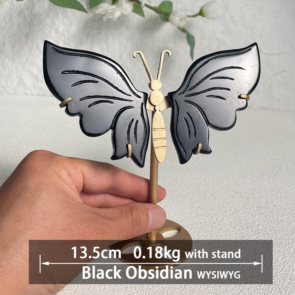 Protective Black Obsidian crystal butterfly wings carving with stand - Hand-carved exactly piece shown WYSIWYG
