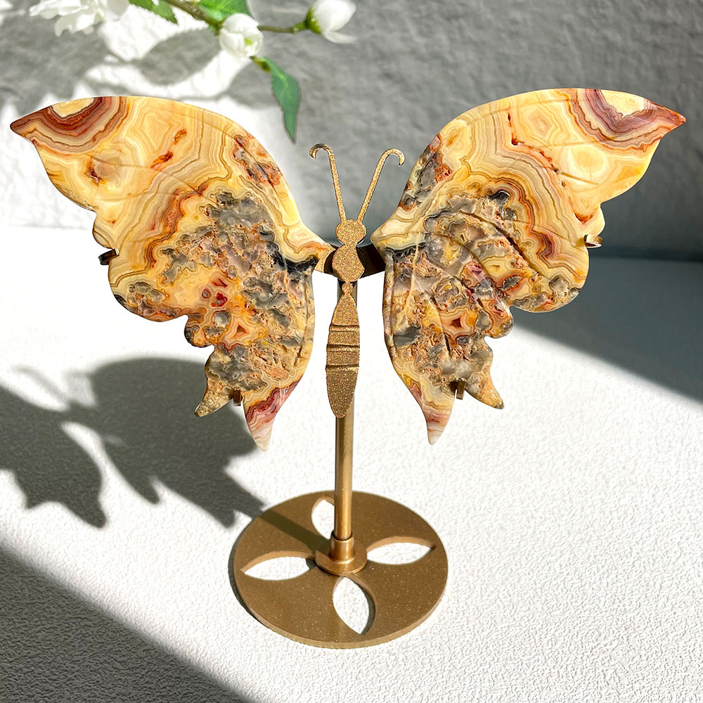 crazy lace agate crystal butterfly wings carving with stand - Hand-carved exactly piece shown WYSIWYG