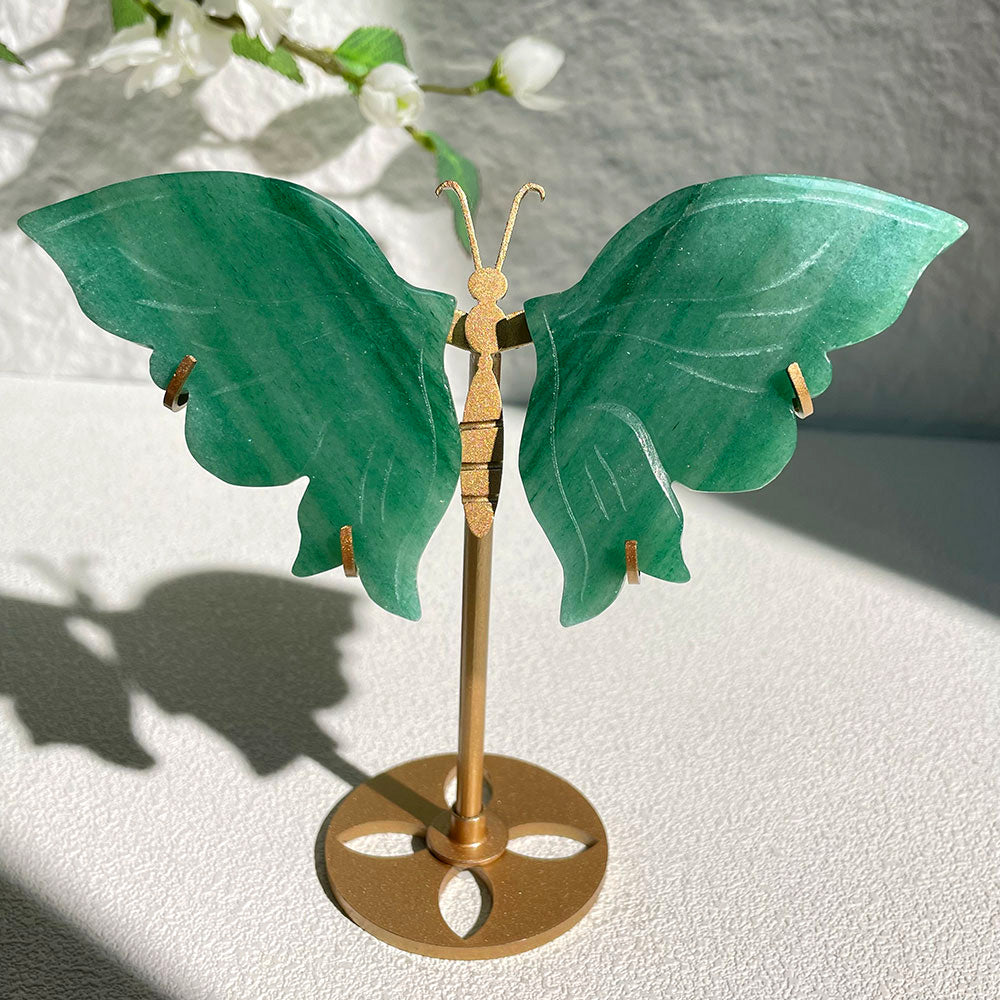 green aventurine crystal butterfly wings carving with stand - Hand-carved exactly piece shown WYSIWYG