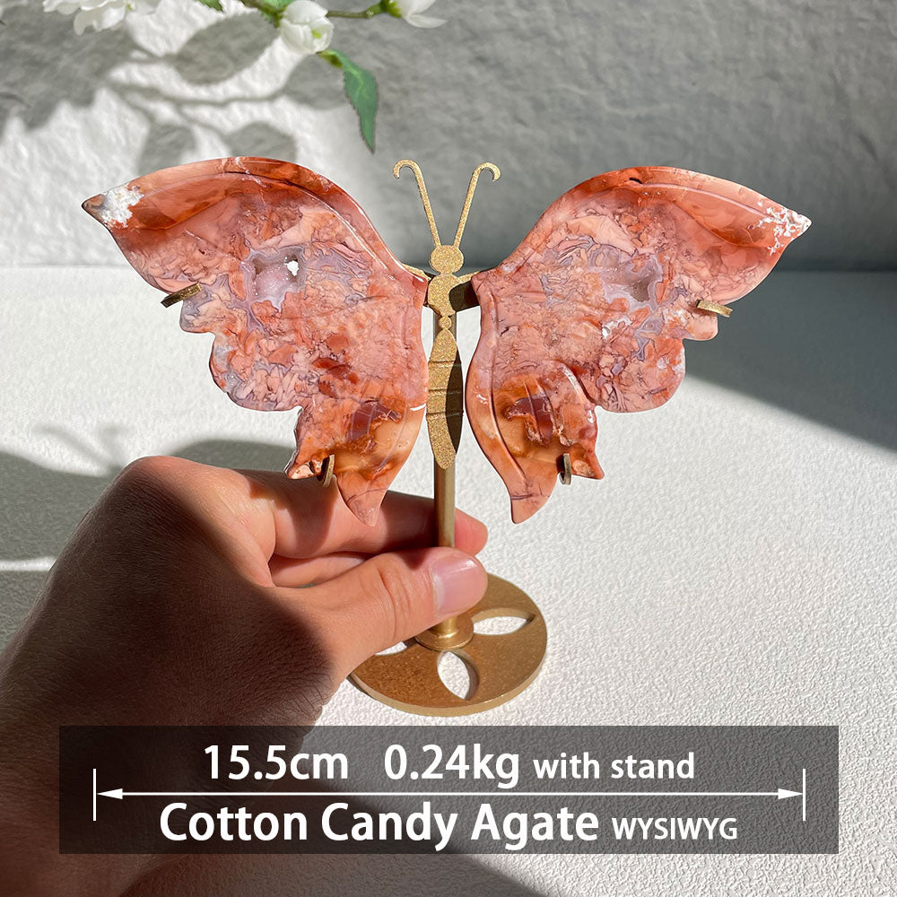 cotton candy agate crystal butterfly wings carving with stand - Hand-carved exactly piece shown WYSIWYG