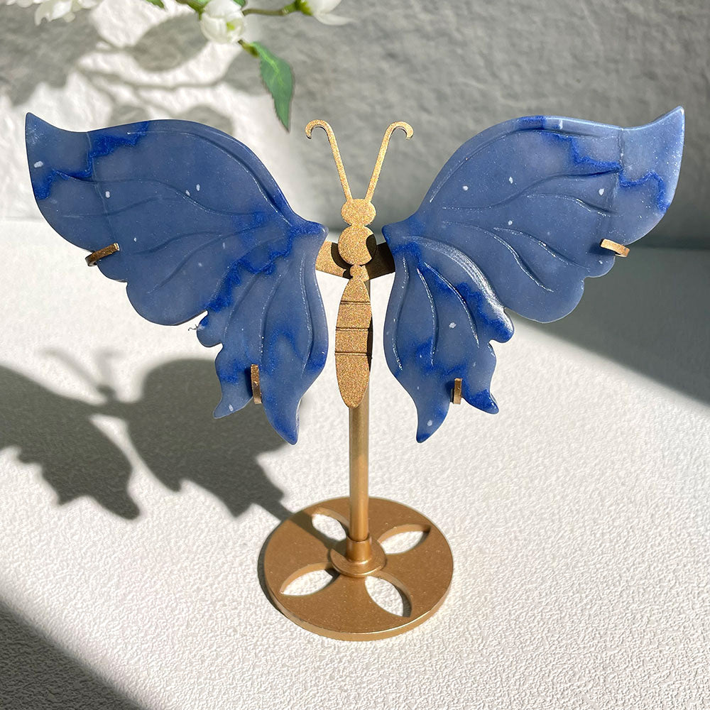 blue quartz aventurine crystal butterfly wings carving with stand - Hand-carved exactly piece shown WYSIWYG