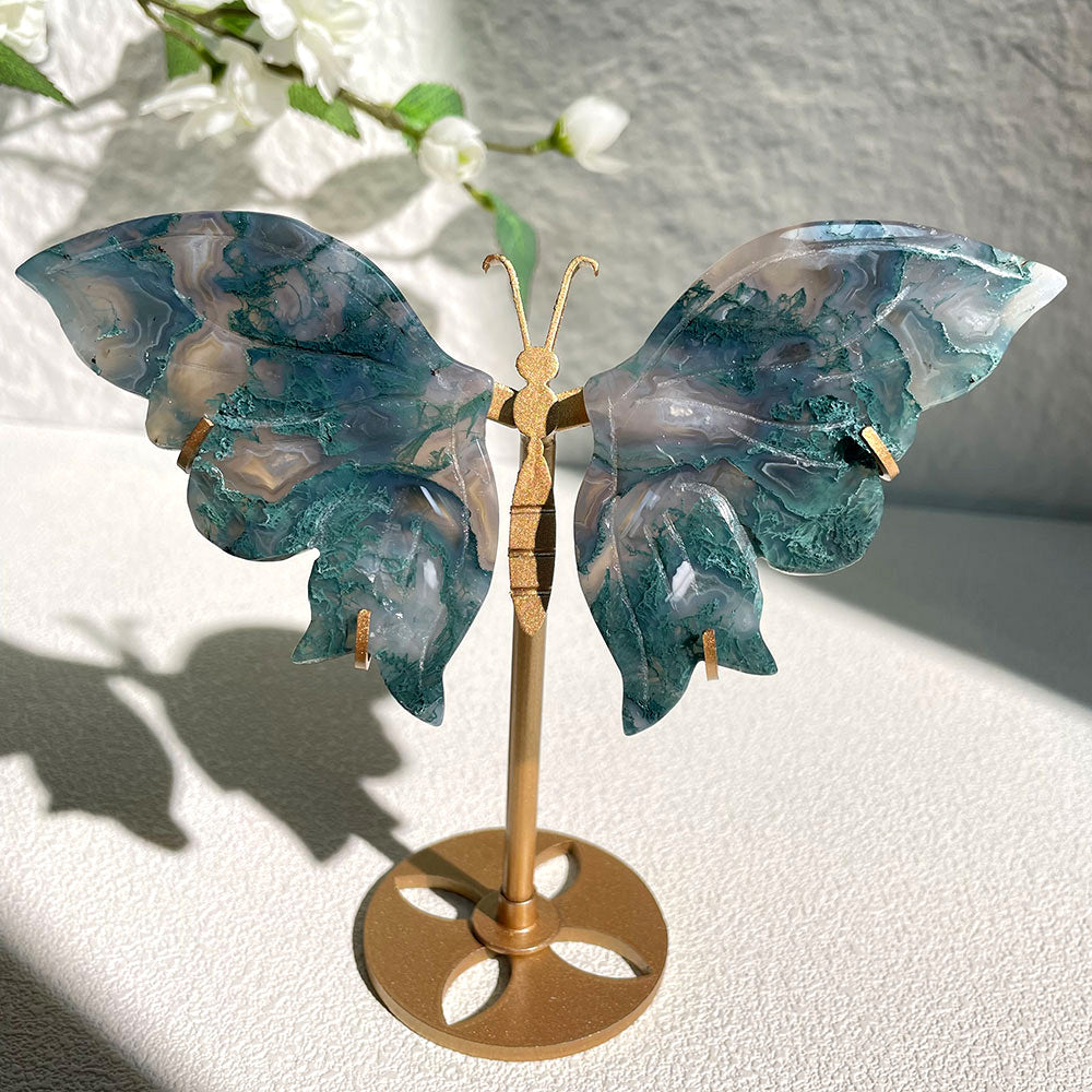 moss agate crystal butterfly wings carving with stand - Hand-carved exactly piece shown WYSIWYG