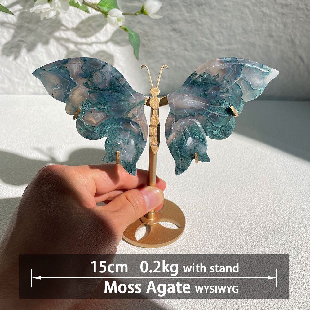 moss agate crystal butterfly wings carving with stand - Hand-carved exactly piece shown WYSIWYG