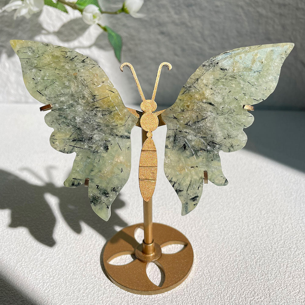 phrenite with black tourmaline crystal butterfly wings carving with stand - Hand-carved exactly piece shown WYSIWYG