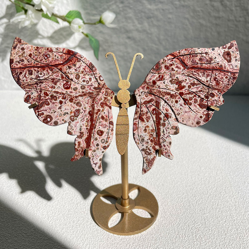 leopard skin jasper crystal butterfly wings carving with stand - Hand-carved exactly piece shown WYSIWYG