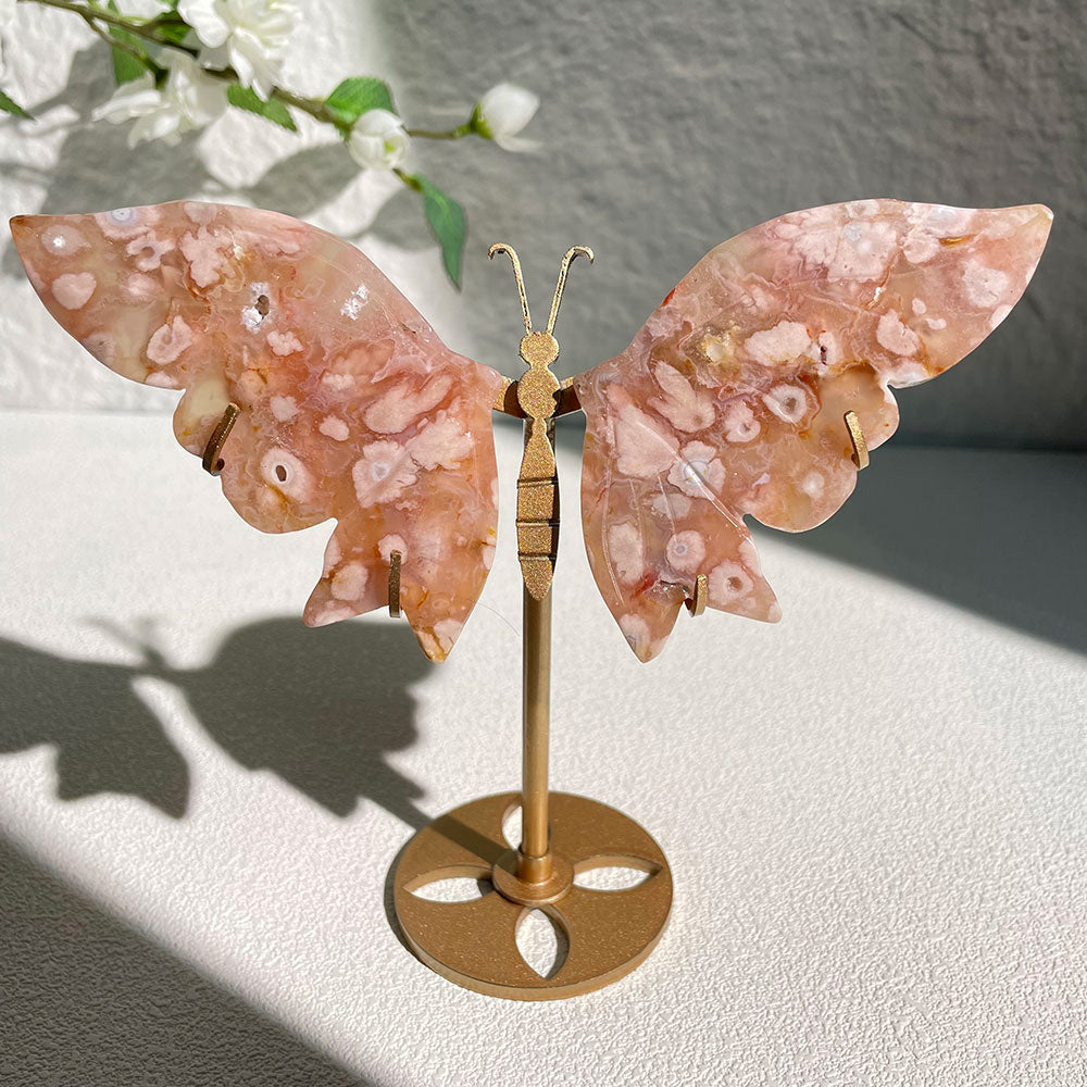 flower Agate crystal butterfly wings carving with stand - Hand-carved exactly piece shown WYSIWYG