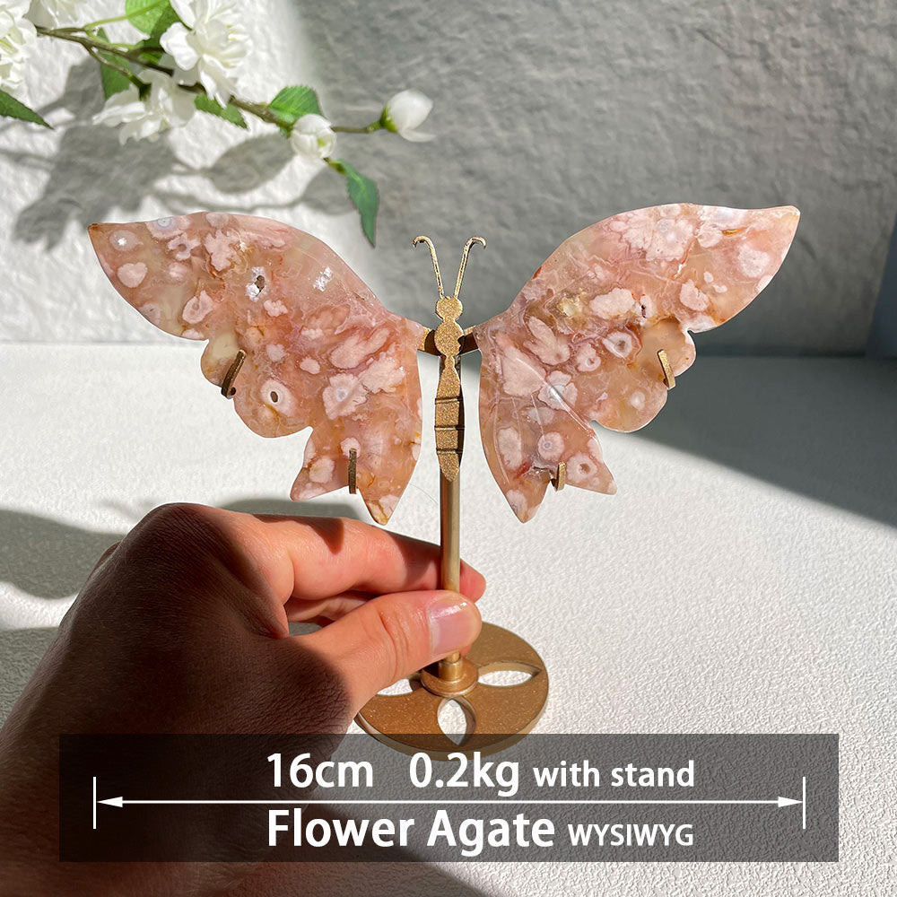 flower Agate crystal butterfly wings carving with stand - Hand-carved exactly piece shown WYSIWYG