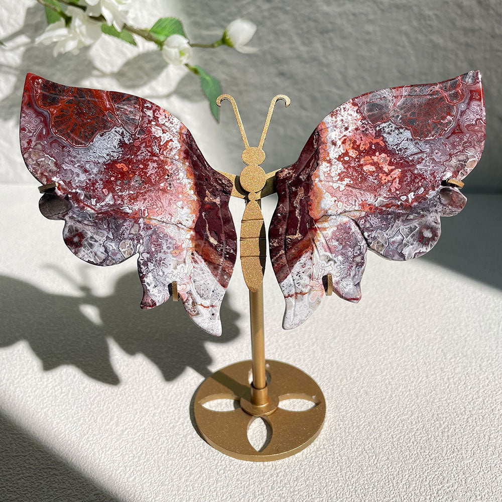 Mexico Agate crystal butterfly wings carving with stand - Hand-carved exactly piece shown WYSIWYG