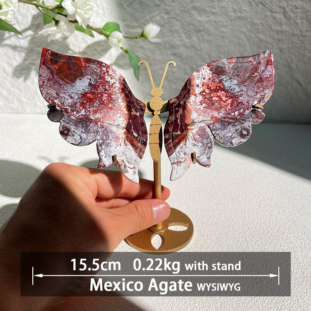 Mexico Agate crystal butterfly wings carving with stand - Hand-carved exactly piece shown WYSIWYG