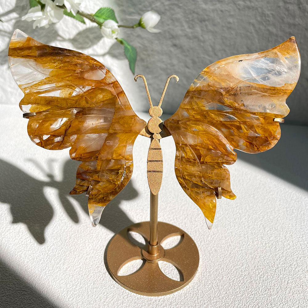 golden healer quartz crystal butterfly wings carving with stand - Hand-carved exactly piece shown WYSIWYG