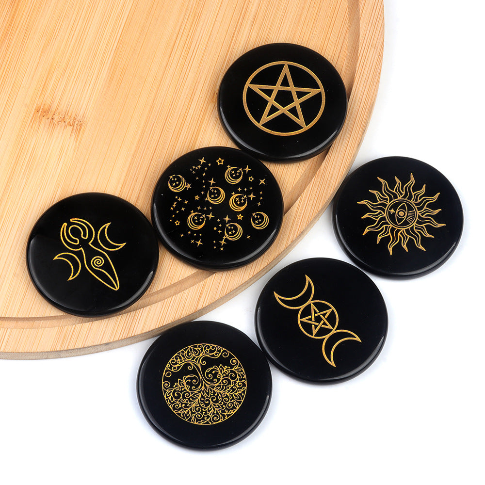 Engraved Black Obsidian Disc | Polished Symbol Stone