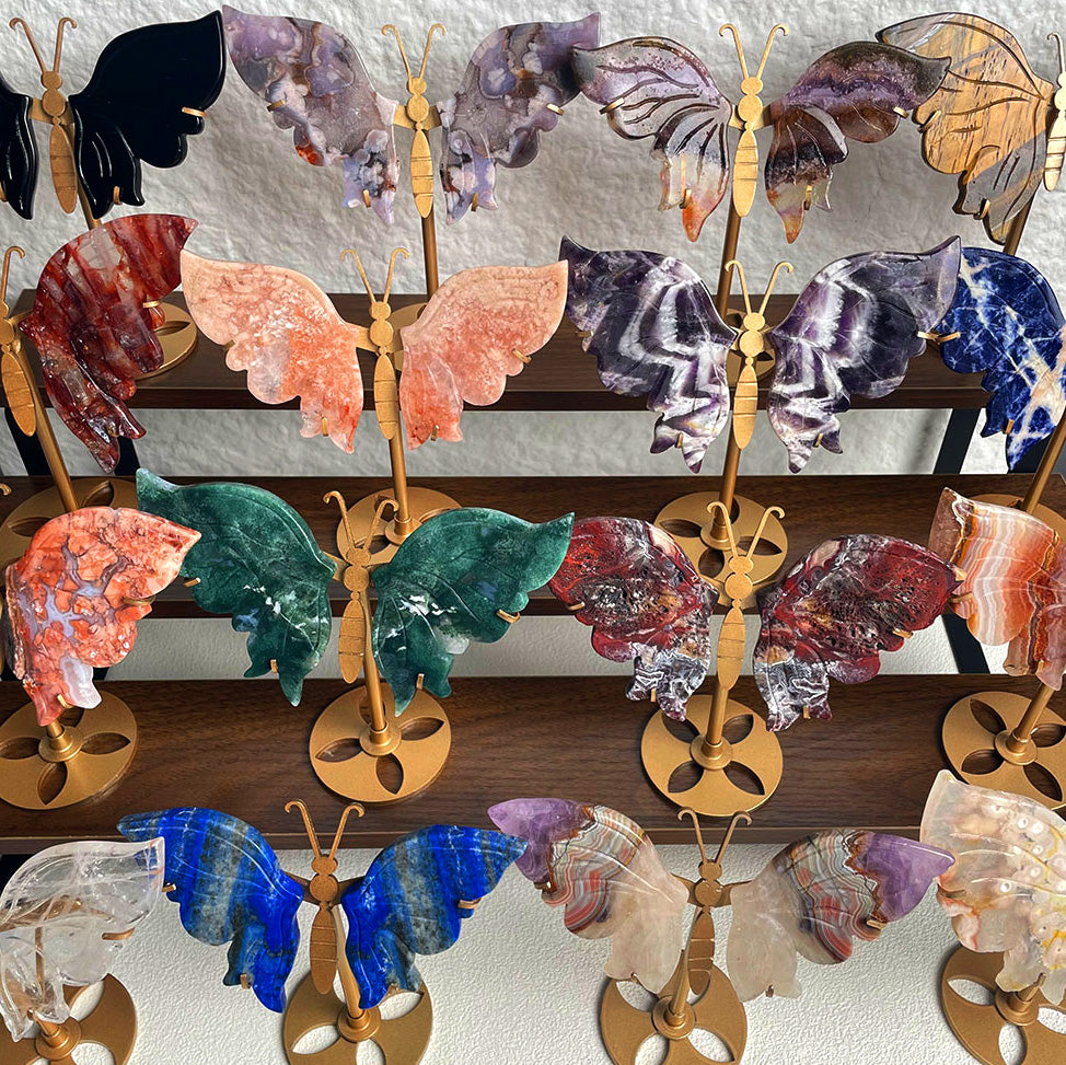 Unique gemstone butterfly wings for home decor - Exactly piece shown WYSIWYG - crystal wings on stand.
