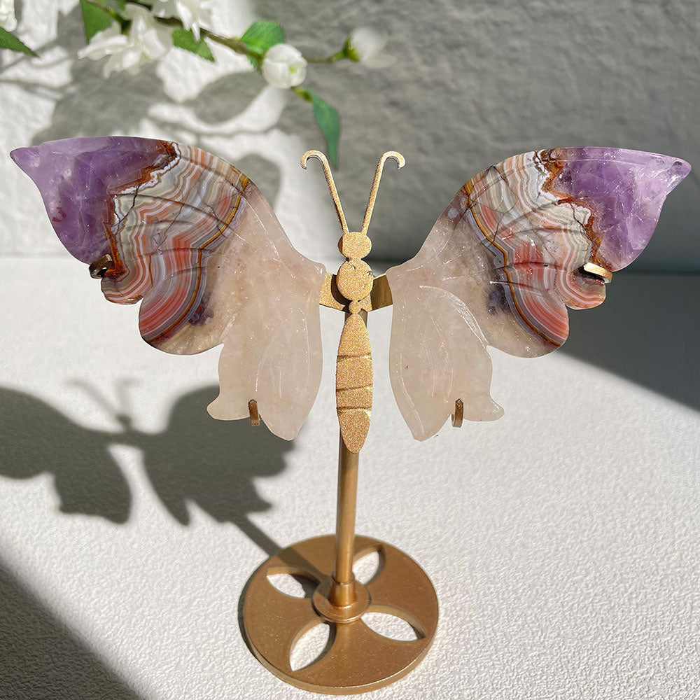 Amethyst Agate crystal butterfly wings carving with stand - Hand-carved exactly piece shown 