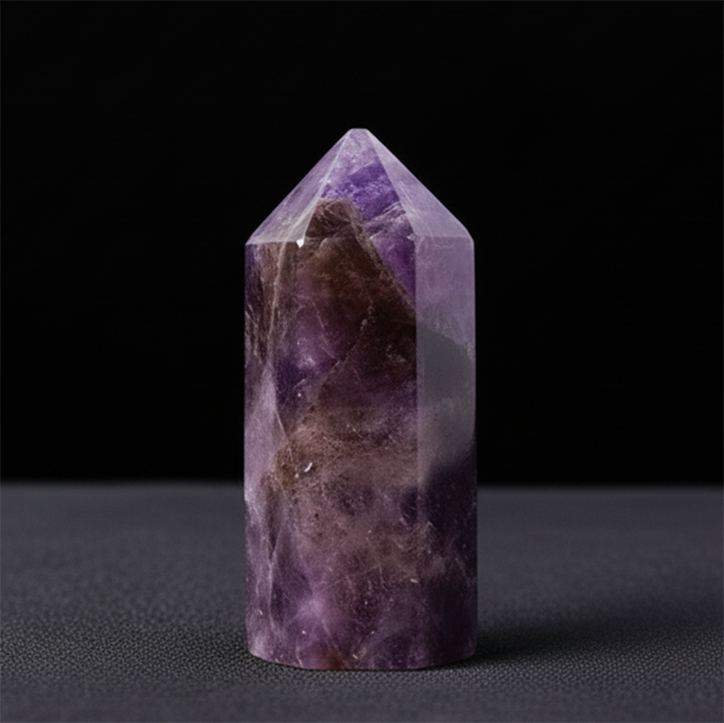 A close-up of a polished mini amethyst crystal point on a dark background