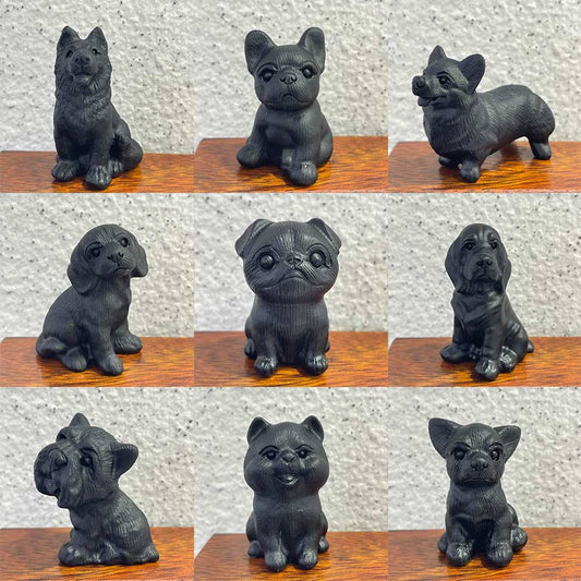 A grid showing nine different breeds of hand-carved black obsidian dog figurines