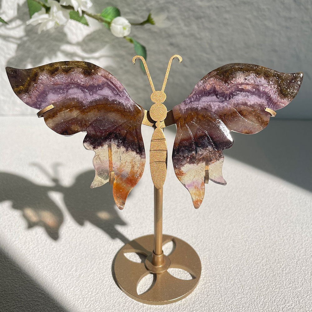 Aurora Fluorite crystal butterfly wings carving with stand - Hand-carved exactly piece shown WYSIWYG