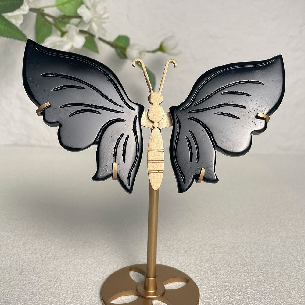 Protective Black Obsidian crystal butterfly wings carving with stand - Hand-carved exactly piece shown WYSIWYG