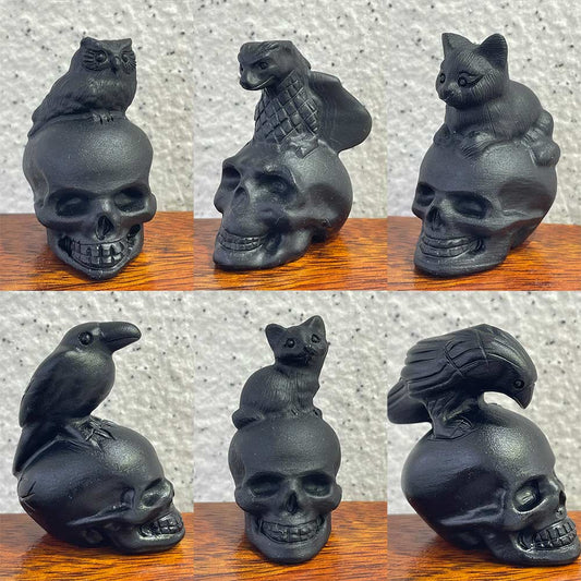A grid of hand-carved black obsidian skulls, each with a different animal familiar like a dragon, raven, owl, and cat.