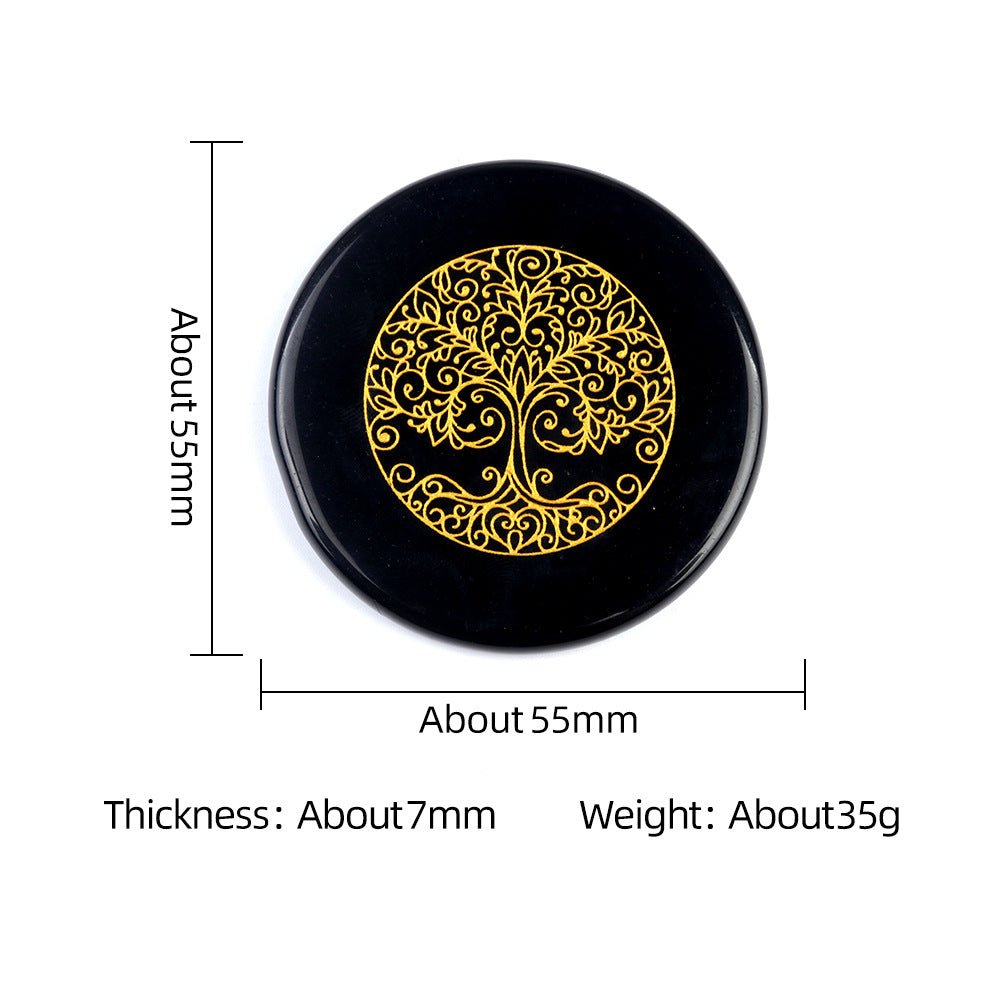 A black obsidian disc engraved with a golden Tree of Life, showing dimensions of 55mm