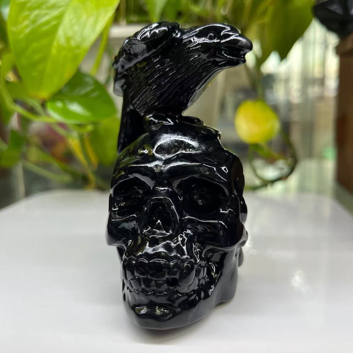Obsidian Skull & Raven Figurine
