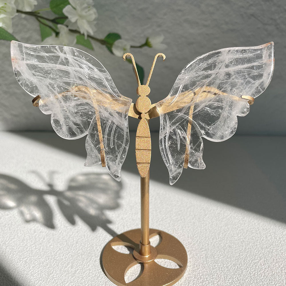 clear Quartz crystal butterfly wings carving with stand - Hand-carved exactly piece shown 