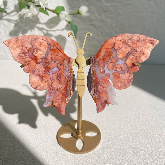 Natural **crystal home decor** Cotton Candy Agate butterfly carving on gold stand - **Exactly piece shown** WYSIWYG - Hand-carved gemstone art.
