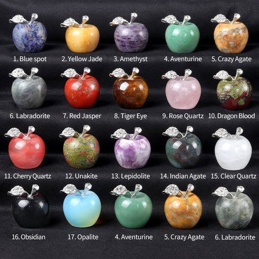 An identification chart showing various types of crystal apples with their names, such as Rose Quartz and Amethyst.