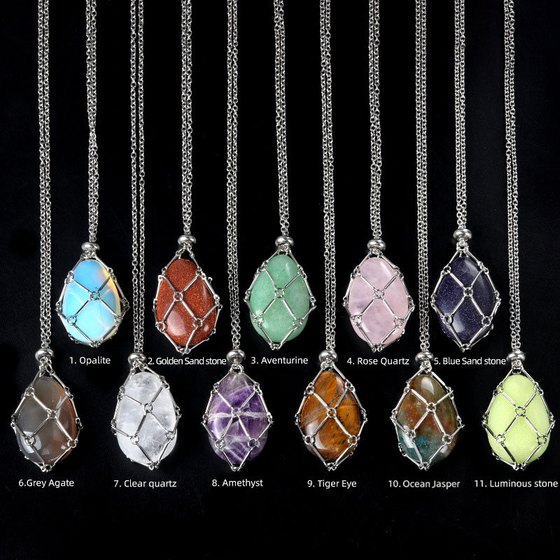 An identification chart showing 11 different types of gemstone egg pendant necklaces with their names.