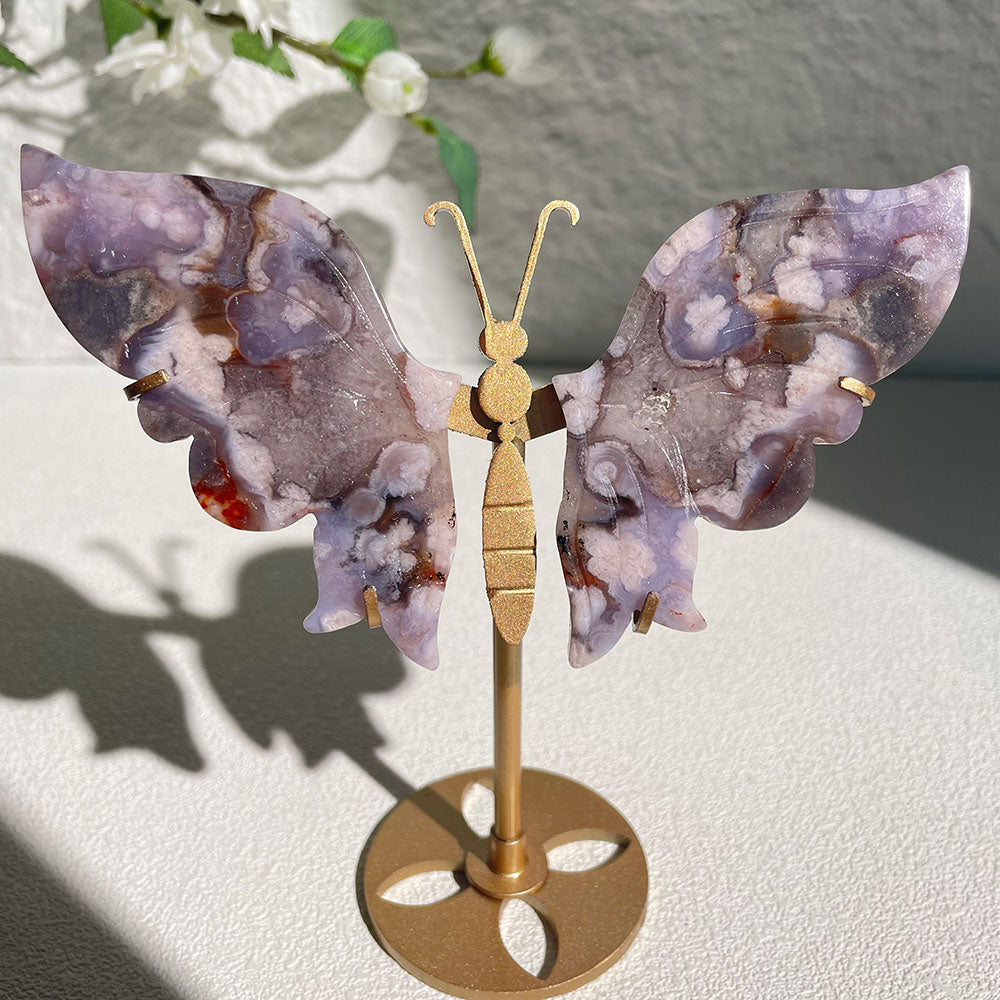 Dyed Blue flower Agate crystal butterfly wings carving with stand - Hand-carved exactly piece shown WYSIWYG