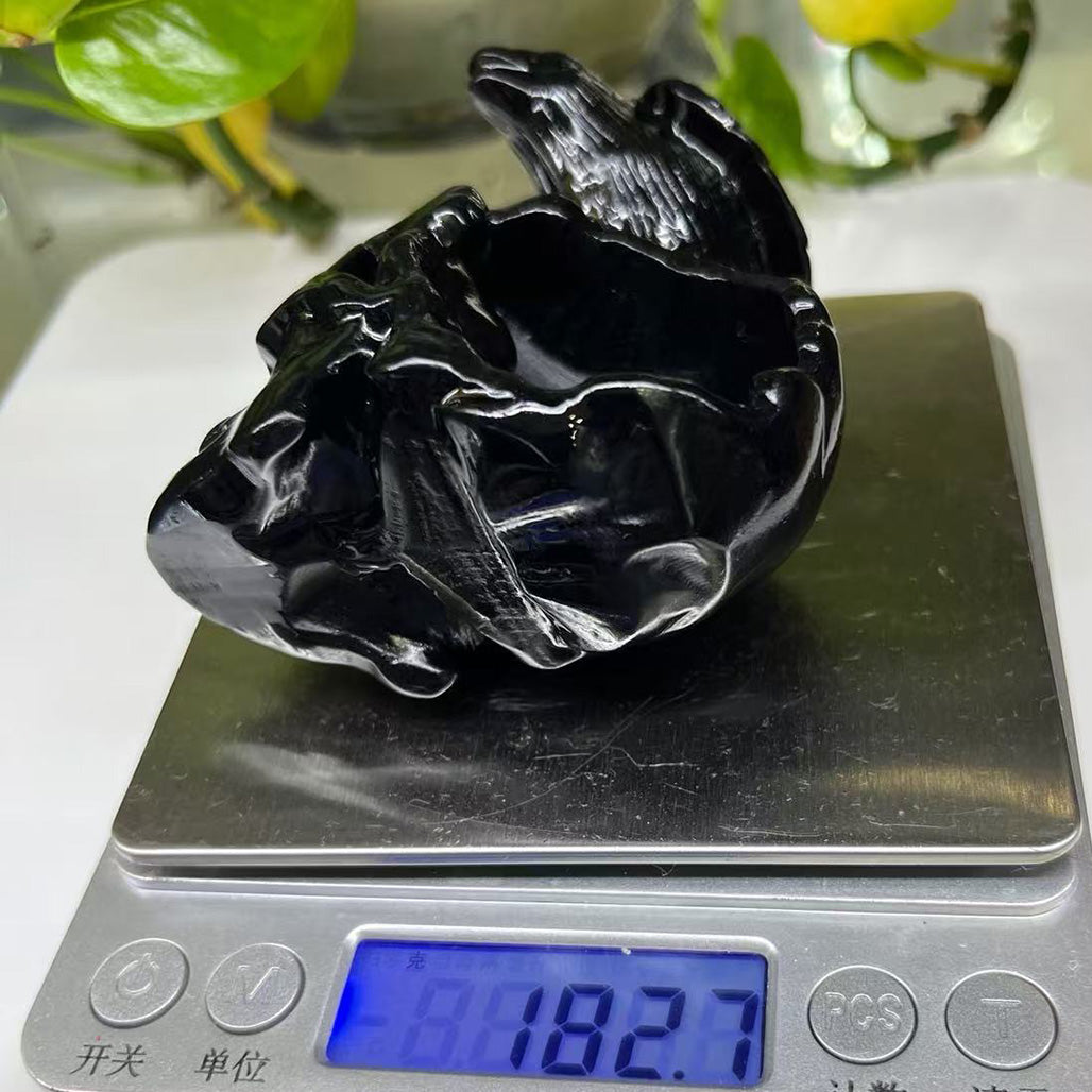 Obsidian Skull & Raven Figurine