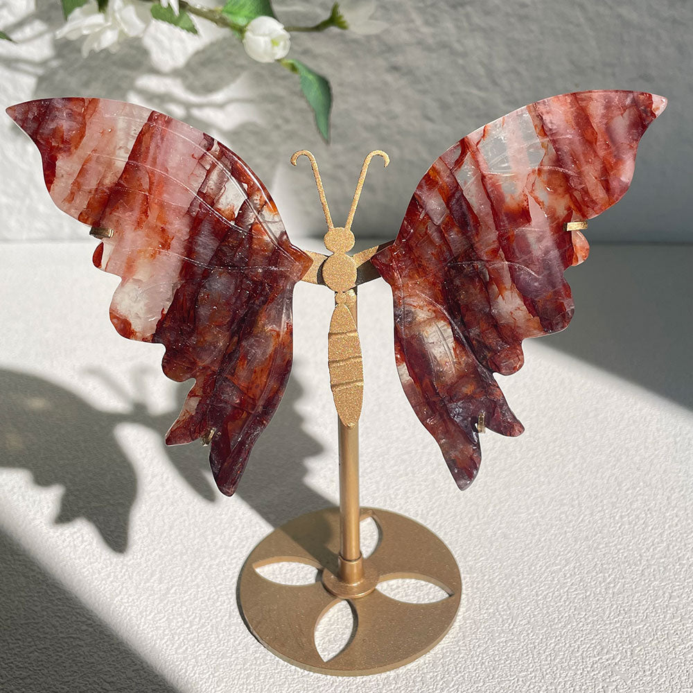 Fire Quartz crystal butterfly wings carving with stand - Hand-carved exactly piece shown WYSIWYGWYSIWYG.