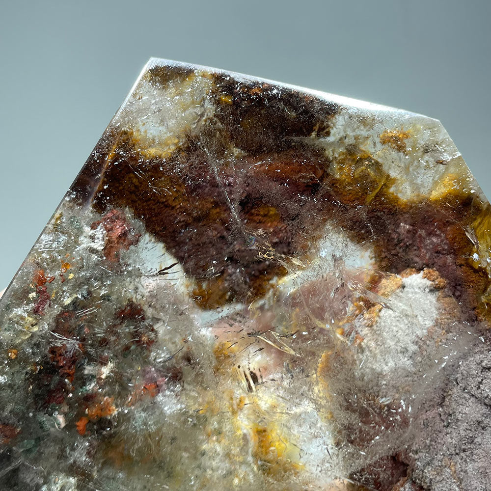 Closeup detail of the scenic inclusions inside a high-quality garden quartz specimen.