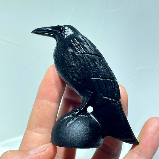 Hand holding a small, hand-carved black obsidian raven statue.