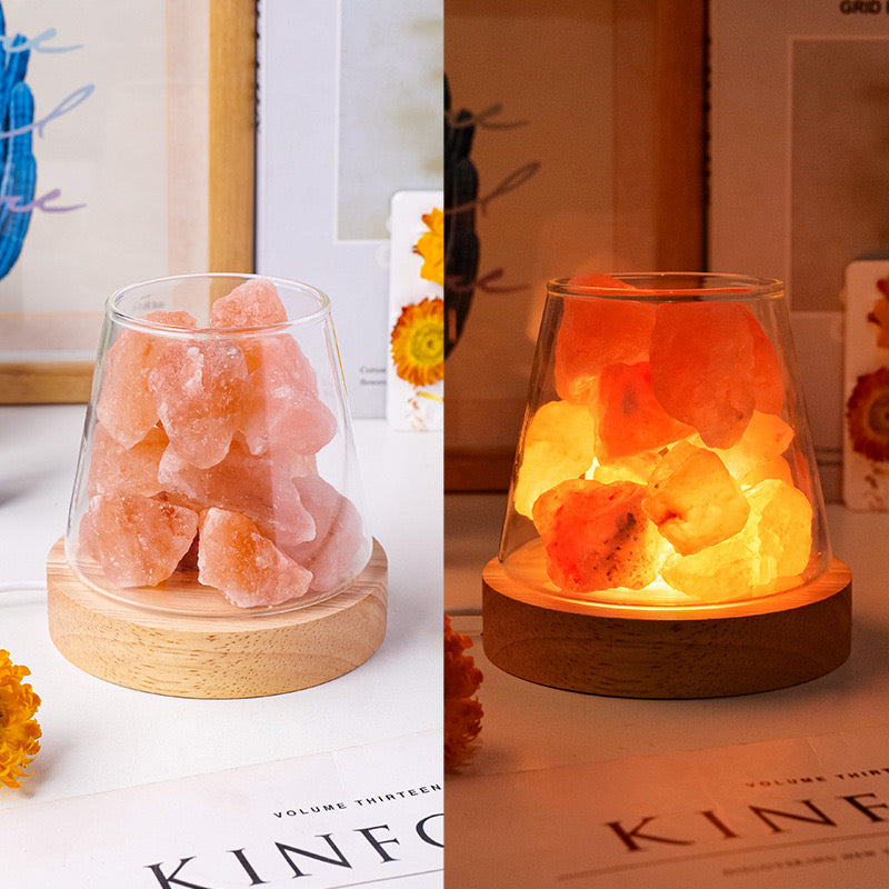 A side-by-side comparison of a Himalayan salt crystal lamp, showing it unlit and with a warm, glowing light