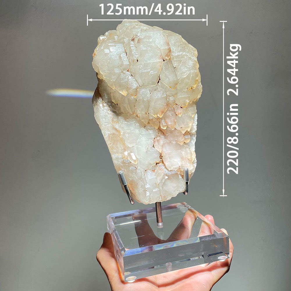 Large 220mm Madagascar Elestial Quartz crystal displayed on a clear acrylic stand.