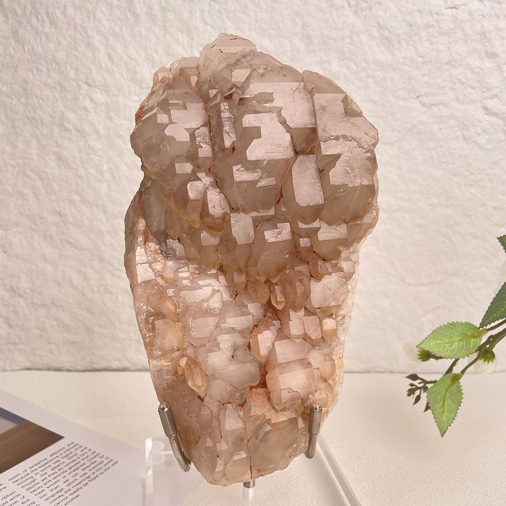 A massive 2.64kg raw natural Madagascar Elestial Quartz crystal cluster with complex geometric growth, resting on a clear acrylic display stand.
