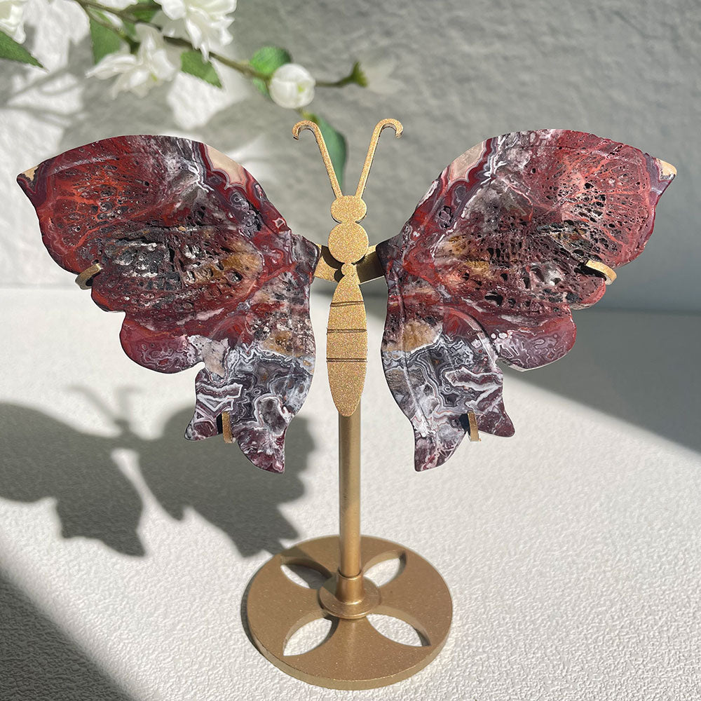 Mexico Agate crystal butterfly wings carving with stand - Hand-carved exactly piece shown WYSIWYG