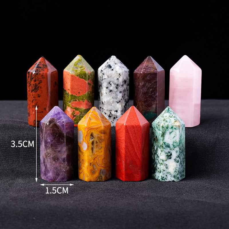 A collection of mini crystal points in various gemstones with size dimensions shown.