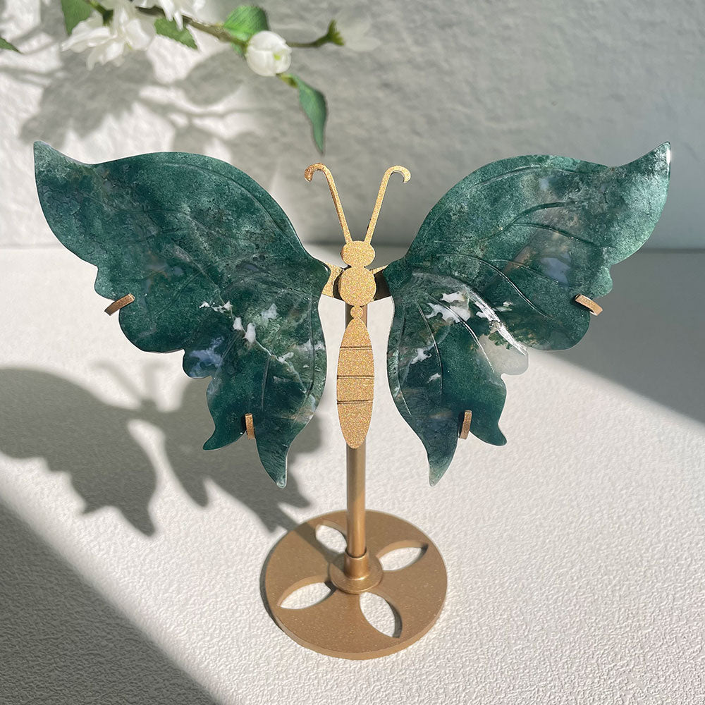 moss agate crystal butterfly wings carving with stand - Hand-carved exactly piece shown WYSIWYG