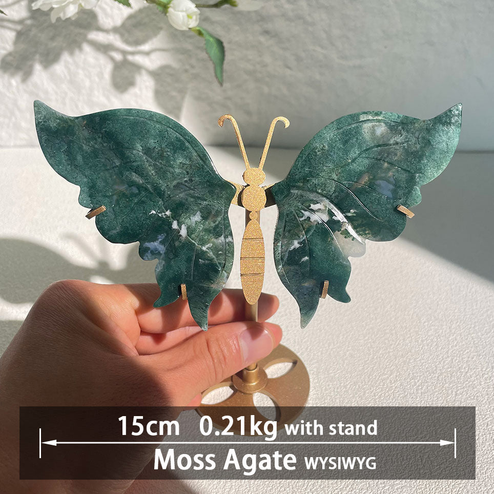 moss agate crystal butterfly wings carving with stand - Hand-carved exactly piece shown WYSIWYG
