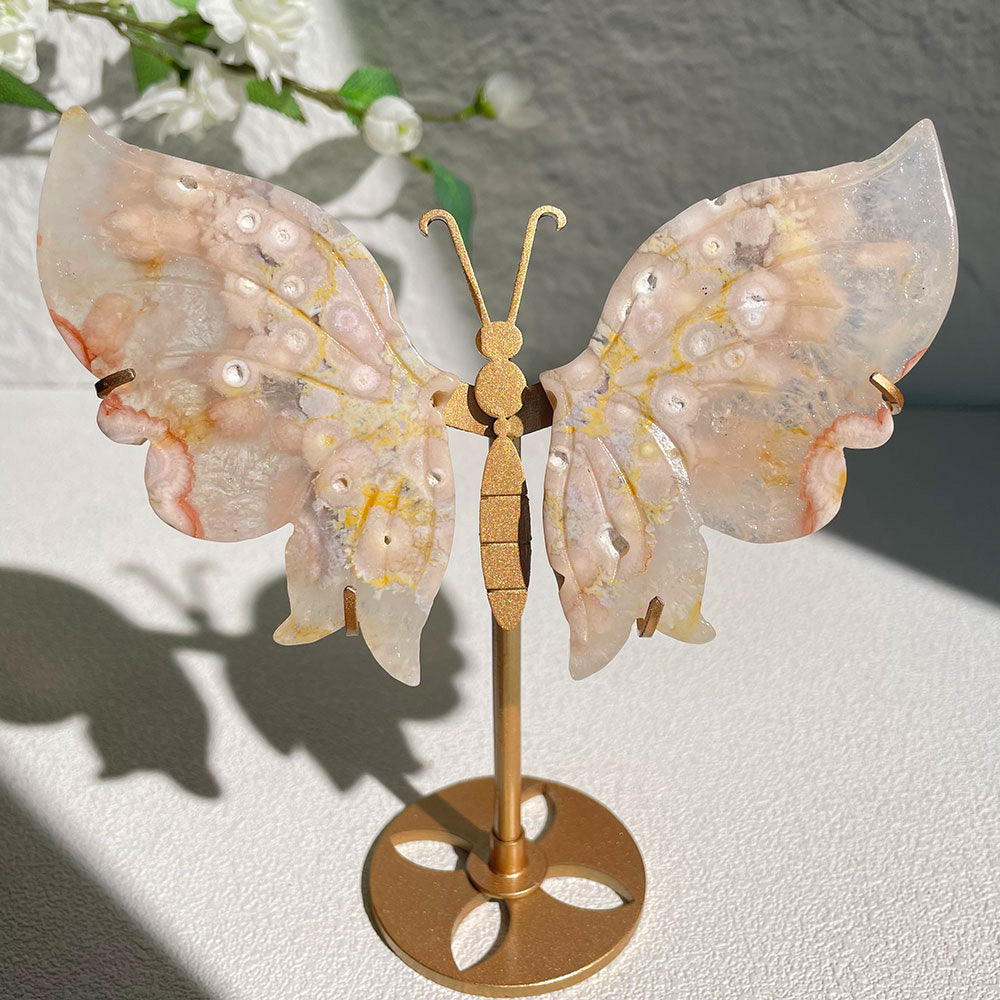 flower Agate crystal butterfly wings carving with stand - Hand-carved exactly piece shown WYSIWYG