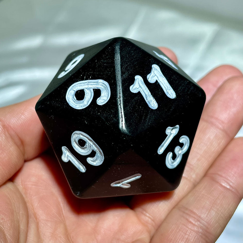 Giant 60mm Natural Black Obsidian D20 Dice – Hand-Carved Gemstone Polyhedral Die