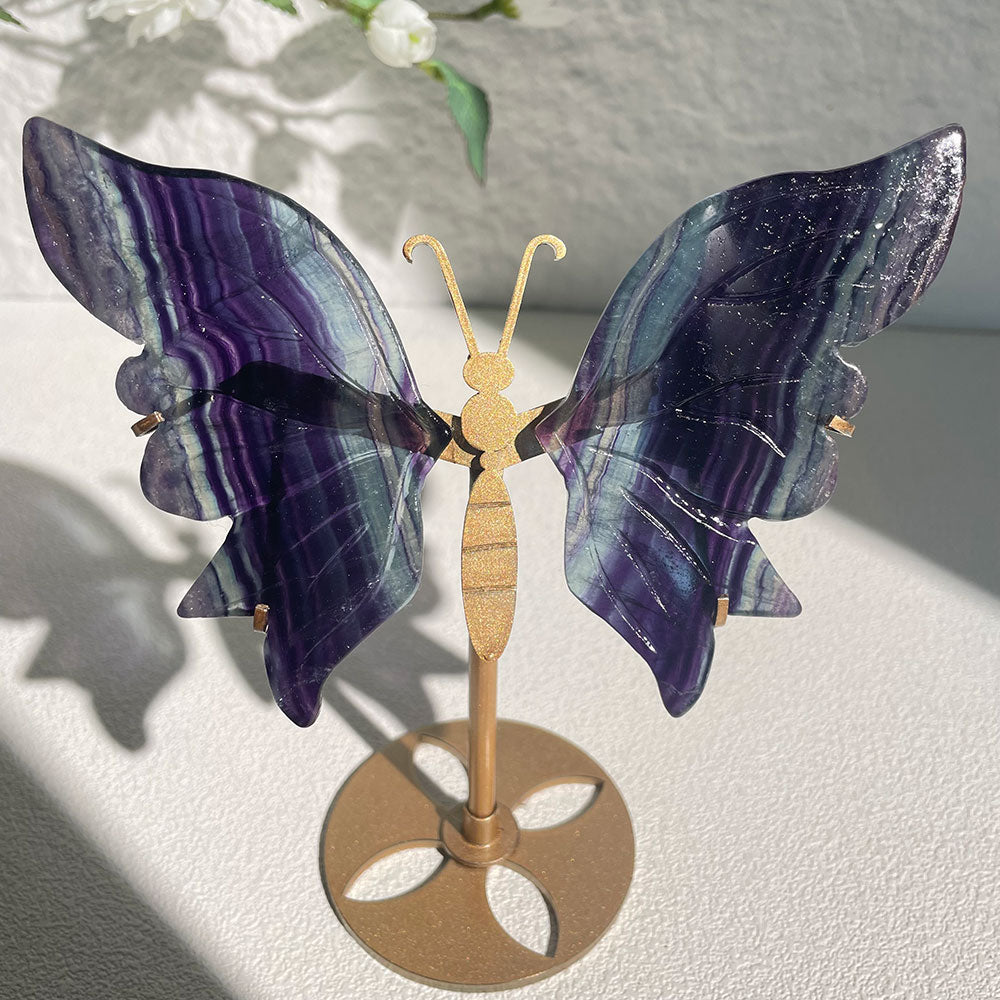 Multicolor Rainbow Fluorite crystal butterfly wings carving with stand - Hand-carved exactly piece shown WYSIWYG