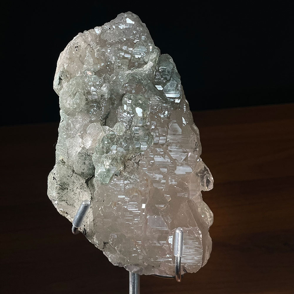 Close up of natural skeletal etched growth and green phantom interior on a Pakistani Himalayan quartz specimen.
