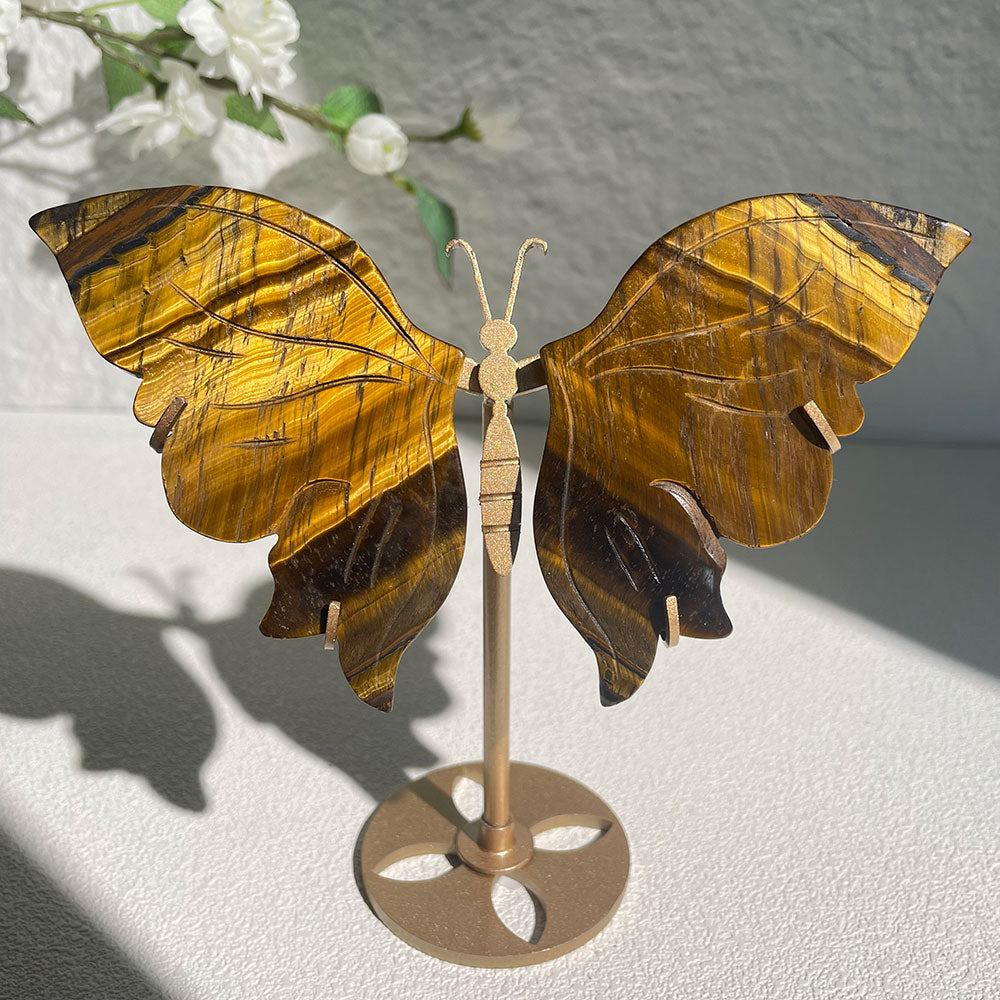 Golden Tiger Eye stone crystal butterfly wings carving with stand - Hand-carved exactly piece shown WYSIWYG